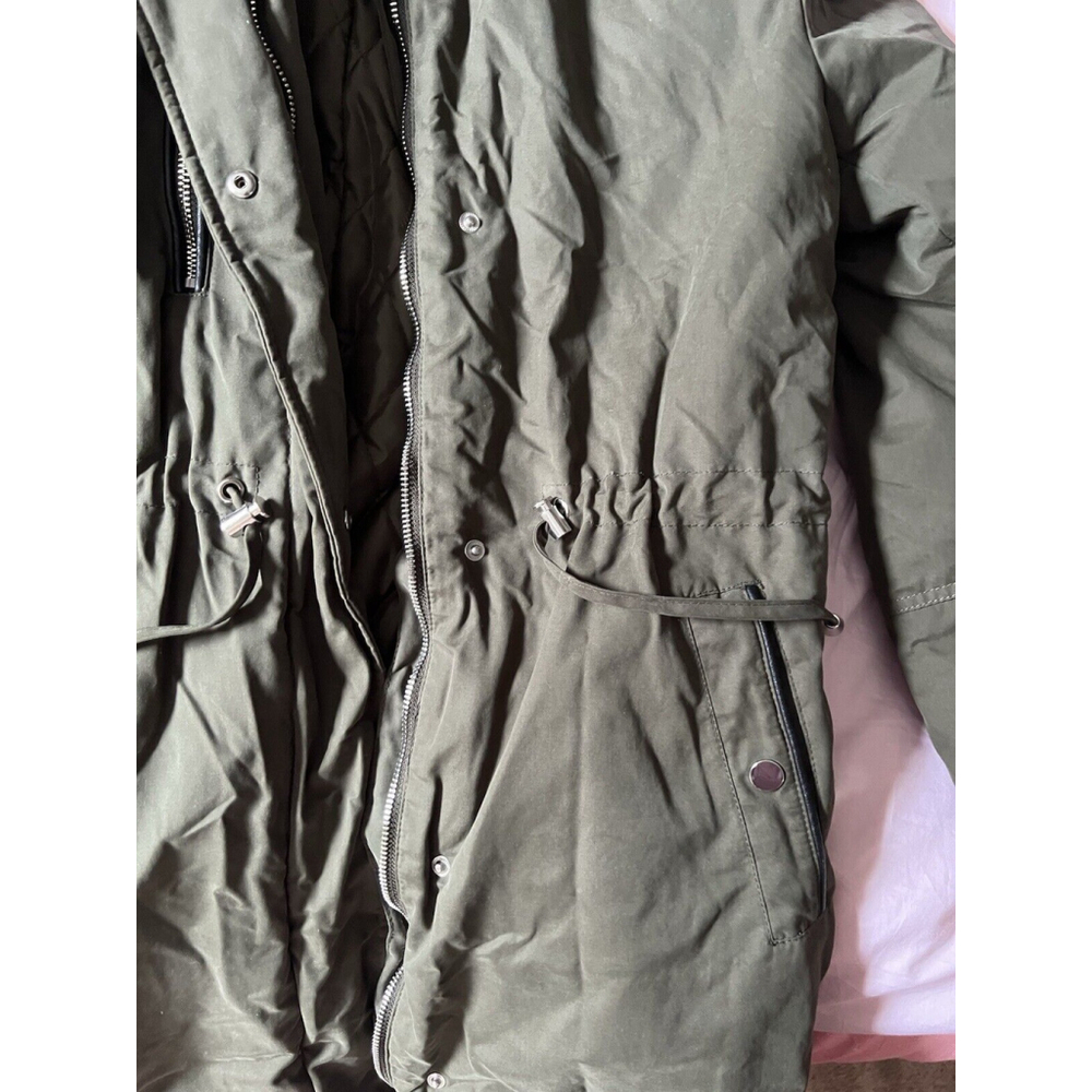 Vintage HM Women Utility Jacket Size S Green Hooded Faux Fur Lining Casual Wore